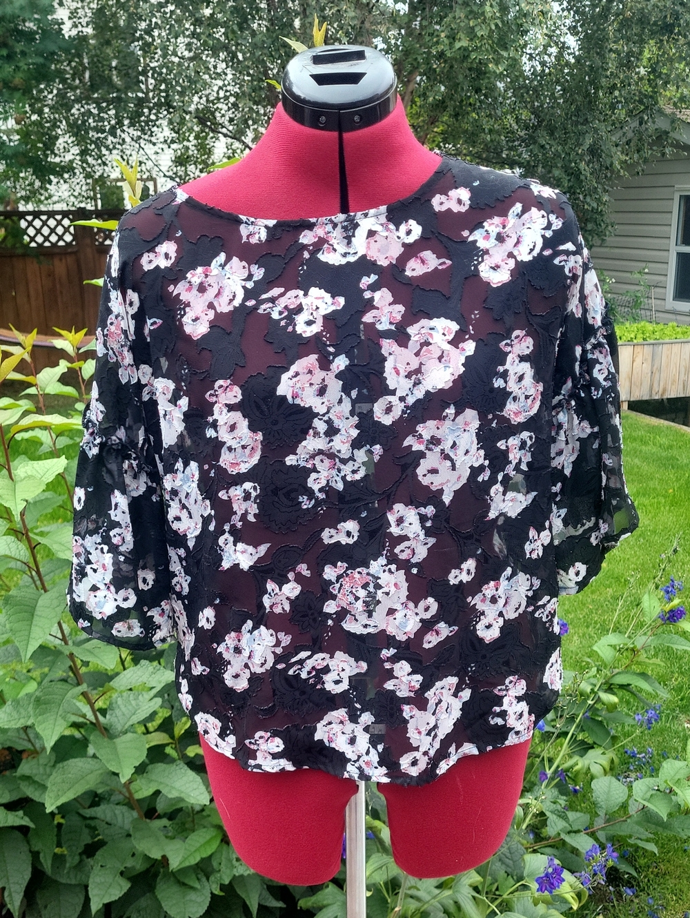 Dex Black Floral Lace Overlay Blouse with Pink and White Flowers